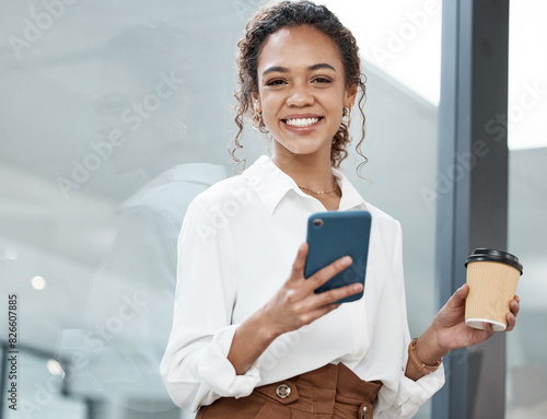 Portrait, phone and business woman drinking coffee on break for social media, internet or networking in creative startup. Face, tea and happy professional on mobile or web developer typing in Mexico