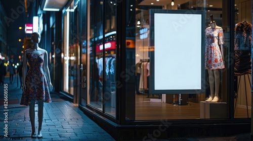 digital photo of blank white poster in shop window, mannequin with dress behind glass, city street