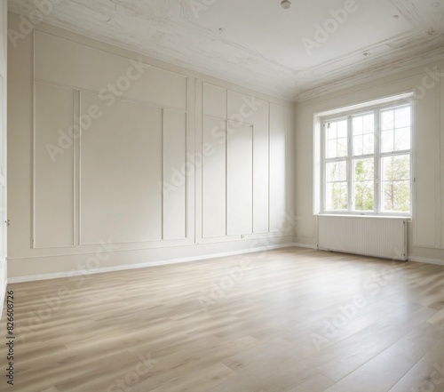 Chambre Vide avec Sol en Bois Clair, Moulures Murales Élégantes, Fenêtre Lumineuse et Murs Blancs