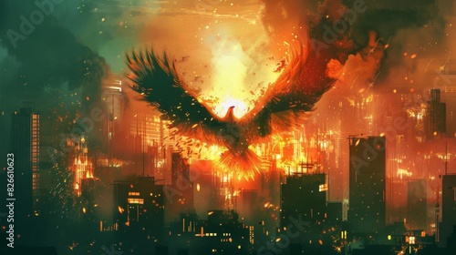 A phoenix rises from the ashes of a burning city.