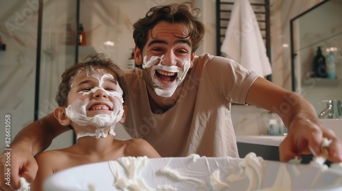 : Father and son having fun while shaving in the bathroom, surrounded by shaving cream and laughter.