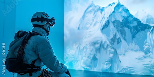 Virtual climber conquers fear scaling holographic Mount Everest reaching simulated summit. Concept Virtual Reality, Climbing Experience, Overcoming Fear, Mount Everest, Simulated Summit