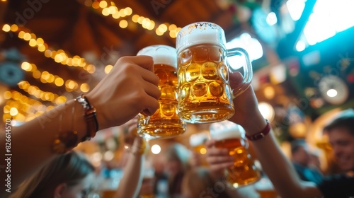 Close-up of a group of friends wearing dirndls and lederhosen, raising their beer steins in a toast inside a decorated beer tent at Oktoberfest