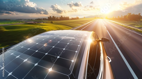 A modern car equipped with solar panels on its roof, shining under the midday sun, with an open road stretching ahead.
