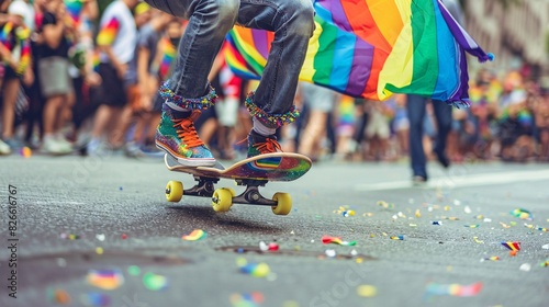 A photo of a person riding a skateboard decorated with rainbow stickers, performing tricks and flips during a Pride Parade.