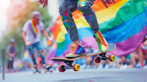 A photo of a person riding a skateboard decorated with rainbow stickers, performing tricks and flips during a Pride Parade.