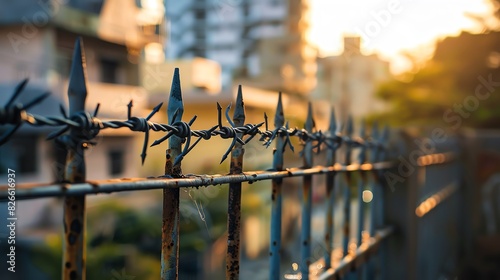 Iron fence with barbed wire on top, with urban buildings blurred in the background.