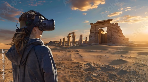 Amidst a vast desert, a person wearing a VR headset encounters ancient monuments and holographic guides, blending history with virtual reality.