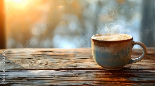 Steaming Mug of Coffee on Rustic Wooden Table with Morning Sunlight