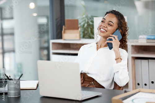 Businesswoman, laptop and happy in office with phone call for customer service with inquiry. Communication, copywriter and consult for feedback with talking, conversation and smile in Germany.