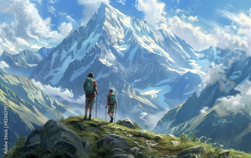 A man and a boy with hiking backpacks and trekking poles stand at the foot of a tall white-capped mountain. The concept of tourism, trekking, mountain climbing.