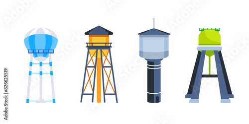 Water tower set. Elevated Water Tank. Industrial tank.