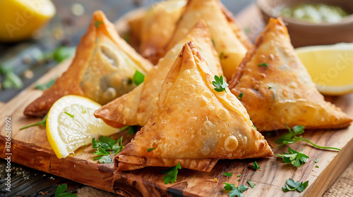 Fried samosas with vegetable filling, popular Indian snacks