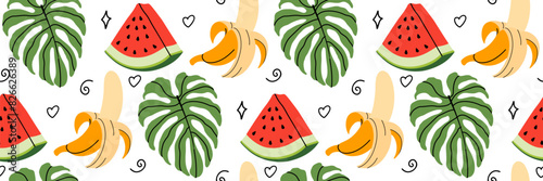 Summer tropical seamless pattern. Watermelon, banana and palm leaf. Background with tropical flora and fruits. Suitable for textile design, Cocktails bar, packaging, wallpaper. Vector illustration.