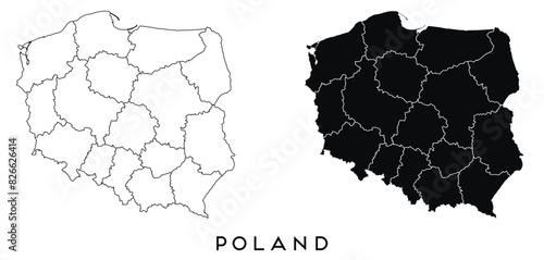 Poland map of city regions districts vector black on white and outline