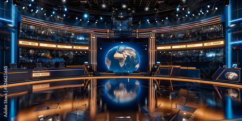  News documentaries reporting programs TV-studio ,Illustration of design a large news studio in 3Dstanding desks 