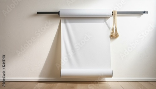 Mockup of a white paper roll hanging on the wall side view with a clipping path ing Mockup of a paperhanging wallpaper Scroll template for home decoration Canvas in room interior. See Less 