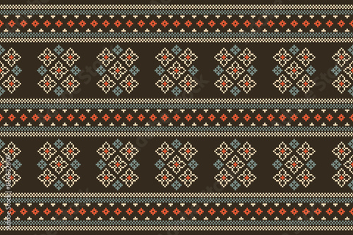 Traditional black ethnic motifs ikat geometric fabric pattern cross stitch.Ikat embroidery Ethnic oriental Pixel brown background.Abstract,vector,illustration. Texture,decoration,wallpaper.