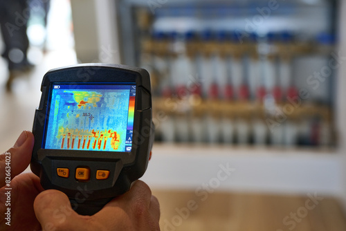 The image depicts a handheld thermal camera being used to measure the temperature of an underfloor heating manifold.