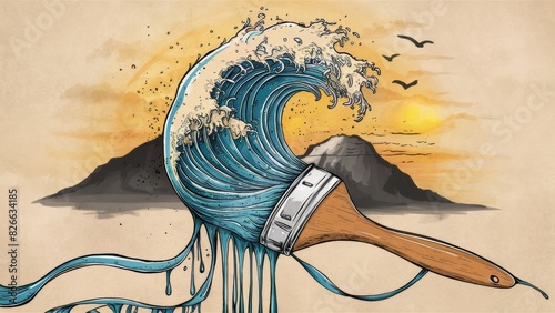 A paint brush. Instead of the usual paint, an undulating pattern flows from the brush, the wave is depicted with intricate details demonstrating the vortex movement of water, with splashes and foam.