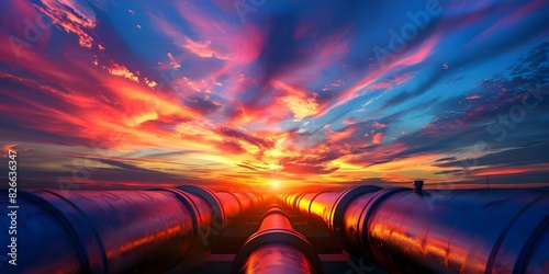 Sunset silhouette of industrial pipelines against vibrant sky ideal for business. Concept Industrial Photography, Sunset Silhouette, Vibrant Sky, Business Background