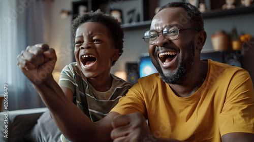 Excited african american father and adult son watching sport on tv and celebrating victory