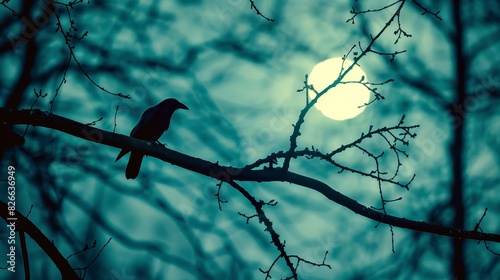 Mysterious Crow Under the Illuminated Full Moon, Evoking a Sense of Magic and Folklore in the Enchanted Night.