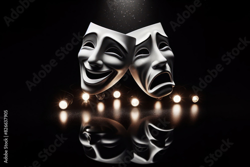 Comedy and tragedy masks reflecting joy and sadness Isolated on black background spot light