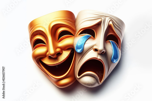 Comedy and tragedy masks reflecting joy and sadness Isolated on white background