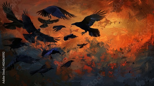 Gathering of Crows at Dusk, Creating a Communal Roost with a Cacophony of Calls, Embracing the Twilight Assembly in a Fleeting Darkness, Signaling the Night's Preamble with Chaotic Beauty.