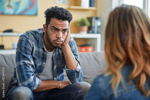 Depressed man talking to his therapist for counseling illustration