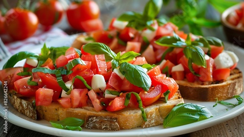 A plate of summer bruschetta with ripe tomatoes, basil, and mozzarella on toasted baguette slices.