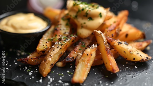 A plate of truffle parmesan fries, with a creamy aioli dipping sauce, on a sleek black slate plate, with soft restaurant lighting.
