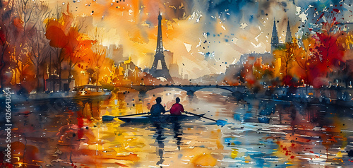 Watercolor painting of Eiffel Tower with rowers on a river, surrounded by trees and reflections in water, Olympic Games France Rowing 