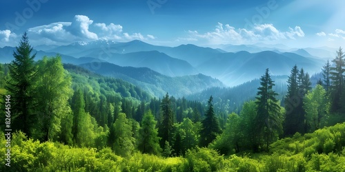 Stunning Carpathian Mountains landscape with lush forest under a clear blue sky. Concept Carpathian Mountains, Lush Forest, Clear Blue Sky, Stunning Landscape