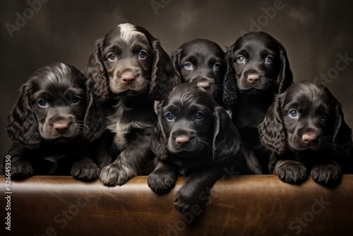 A group of black cocker spaniel puppies sitting on a leather couch.