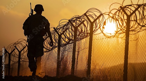 Silhouette of a soldier walking along a barbed wire fence at sunset, symbolizing military duty, and protection.