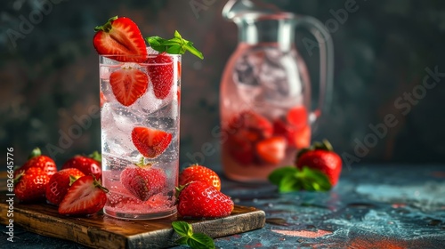Photo of a refreshing strawberry drink with whole and sliced strawberries, ice, and mint in a glass, with a pitcher in the background.
