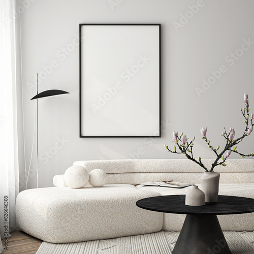 Frame mockup, ISO A paper size. Living room wall poster mockup. Interior mockup with house background. Modern interior design. 3D render 