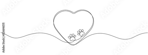 Dog and cat paw hearts drawn in one continuous line. Dog paw prints in a heart frame in a simple linear style. Concept of love for animals. Single line vector editable linear illustration.
