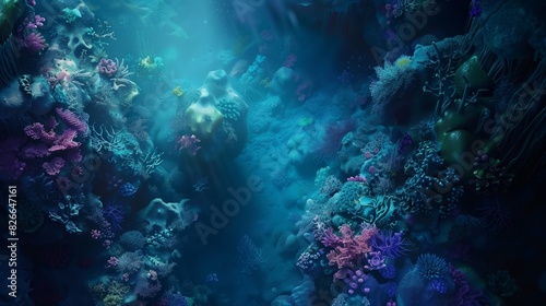 A top-down view of the dark and deep underwater world.