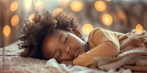Peaceful African child naps serenely on a cozy bed for naptime. Concept Sleeping, Childcare, Serenity, Cozy Bed, African Child