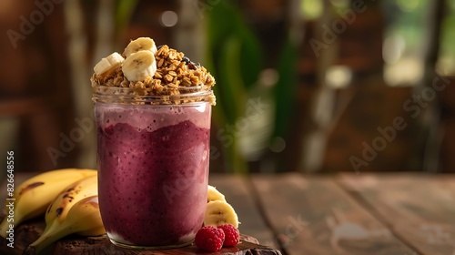 A vibrant acai smoothie in a mason jar, topped with granola, banana slices, and a drizzle of honey.