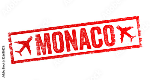 Monaco - is a sovereign city-state and microstate on the French Riviera, text emblem stamp with airplane