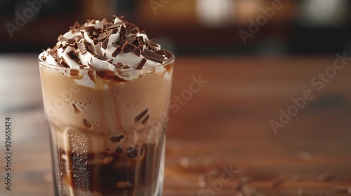 An iced mocha coffee topped with whipped cream and chocolate shavings, in a clear glass showing condensation.