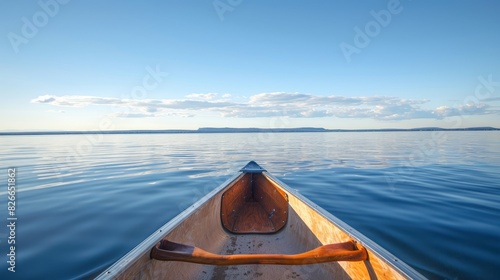 Photo of a canoe on a calm lake surrounded by lush green forests and distant mountains under a clear sky.