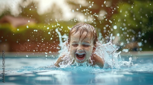 Happy child surfacing from a big splash, enjoying a daring leap into the swimming pool