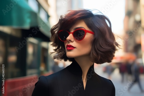 A woman with red sunglasses and black dress.