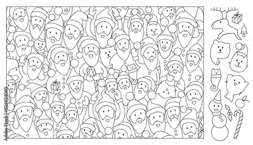 Find and color the hidden objects in the picture. Crowd of Santa Clauses. Christmas puzzle game for kids. Educational game for family celebration, school, party, magazines. Sketch Vector illustration