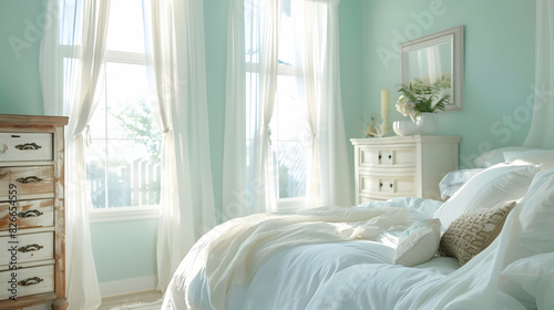 Coastal-inspired bedroom retreat with whitewashed furniture, nautical accents, and billowing sheer curtains against a backdrop of pale aqua walls